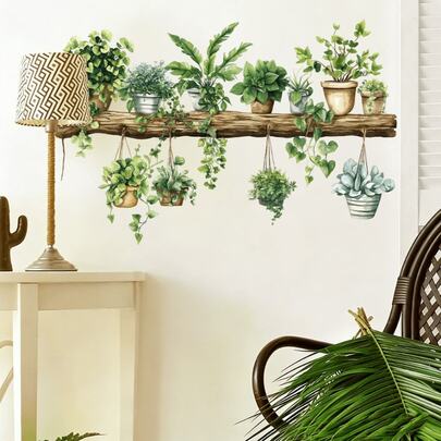 1pc Tree Stump With Hanging Pothos Plant Pattern Wall Sticker, Removable, Self-Adhesive, Waterproof PVC Plant Decal, Suitable For Living Room, Bedroom, Kitchen, Bathroom, And Home Decoration.