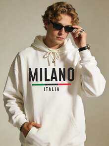 Milano Graphic With Italian Flag Detail White Hoodie Relaxed Streetwear, Milano Graphic Hoodie, Italian Flag Detail Hoodie, White Casual Hoodie, Relaxed Streetwear Hoodie, Everyday Hoodie. - White 1 - View 2