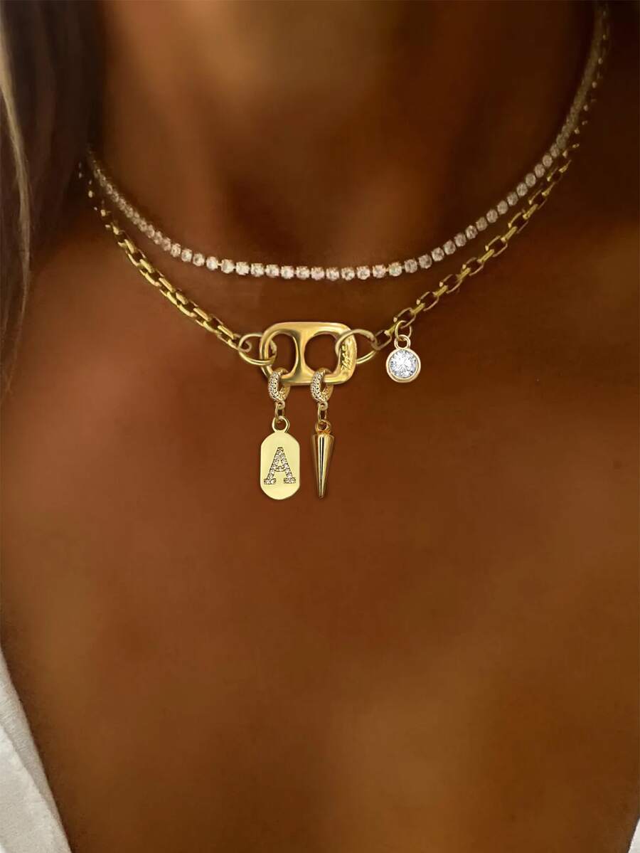 1 pieza Collar con colgante de letra dorada, collar con cadena, collar con colgante de diamante blanco, cadena de acero inoxidable. Adecuado para decoración en el trabajo, uso diario, fiestas, banquetes y bailes. Este es un collar de mujer único y lujoso. - Amarillo Oro - Ver 1