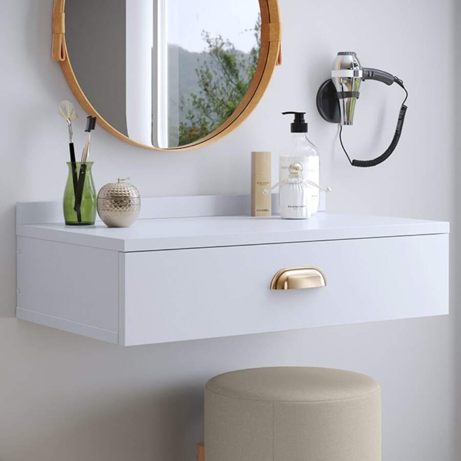 Gloss Wall-Mounted Vanity Dressing Table For Makeup With 1 Drawer And Jewelry Compartment With Shell Handle - 白色的 - 查看 1