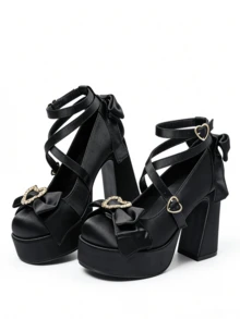Women's Mary Jane Shoes Goth Platform Chunky Heels Round Toe Heart Sweet Y2k Gothic Lolita Cosplay High Heels Ankle Strap Bow Cross-Tied With Buckle Design Dress Pumps - 黑色 - 查看 2