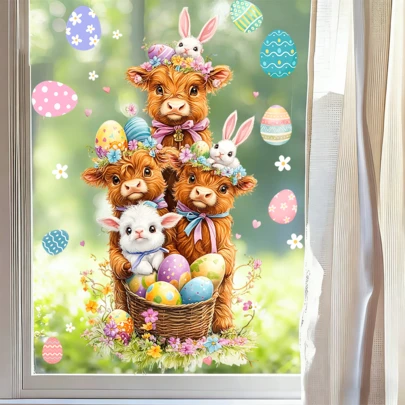 1/3pcs Easter Highland Cow Window Stickers, Cute Rabbit & Colorful Eggs Static Cling Glass Stickers, Suitable For Farmhouse, Kitchen, Living Room, Spring Holiday Party Decor
