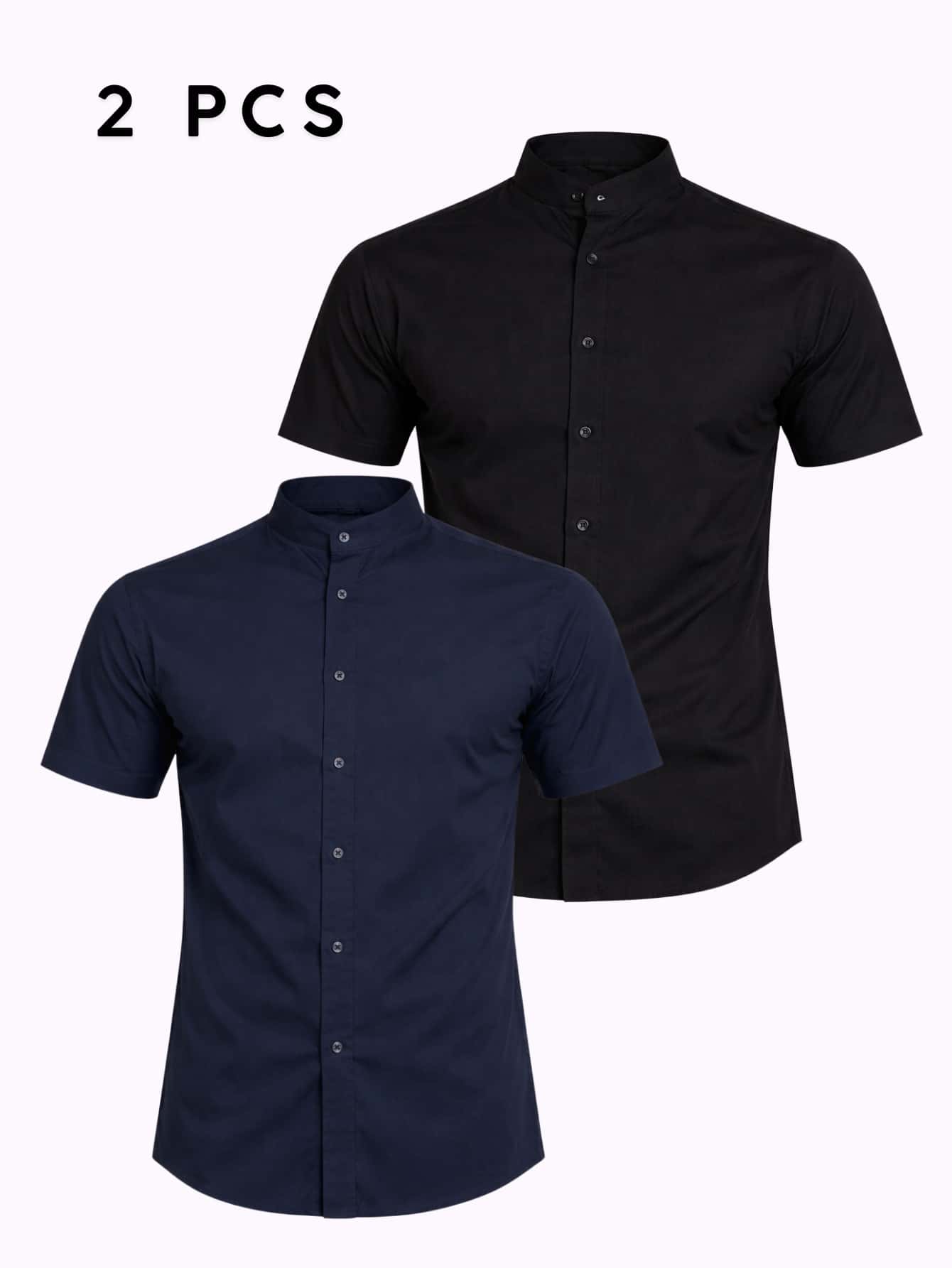Set Of 2 Henley Short-Sleeve Mandarin Collar Shirts, Slim Fit, Comfortable, Casual, Elegant, High Quality - 黑色和藍色M - 查看 1