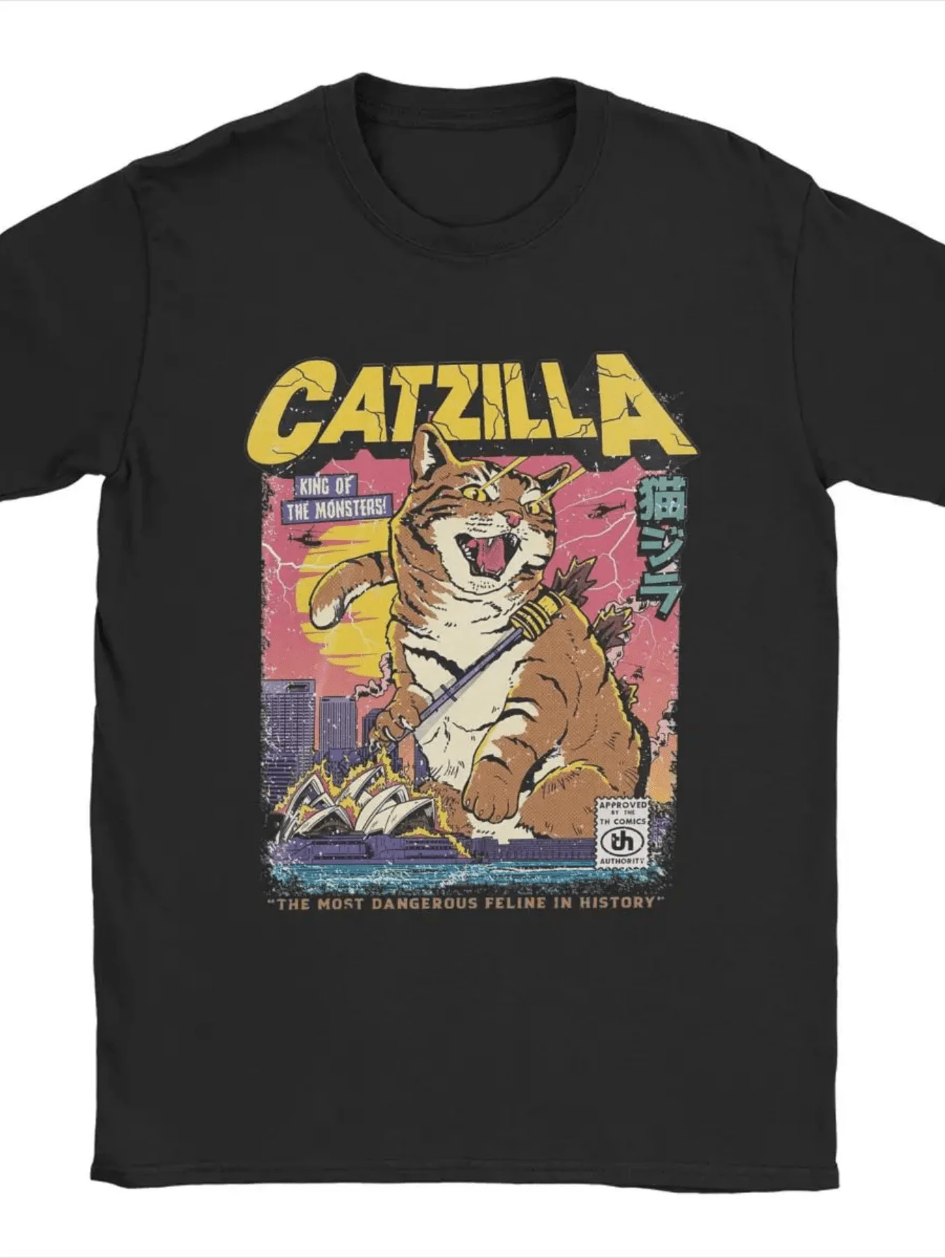 Catzilla T Shirt Cotton Awesome T-Shirts O Neck Tees Short Sleeve Clothes Original - 黑色3 - 查看 1
