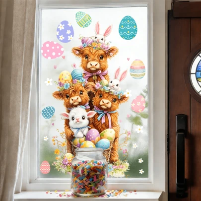 1/3片装可重复使用静电吸附式牛兔窗贴，PVC材质，适用于玻璃推拉门窗、浴室、卧室、家居装饰，也是很棒的复活节礼物。