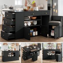 Kitchen Island Table, Side Cabinet With Bar Stool, Kitchen Cabinet With 6 Drawers And Stools, Adjustable Width 140 * 40 (70) * 89 Cm, White And Black - Black - View 2