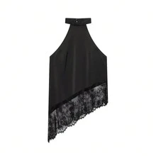 DEEKA Women's Lace Patchwork Halter Neck Casual Blouse, Fashionable & Versatile, Spring/Summer - Black 1 - View 1