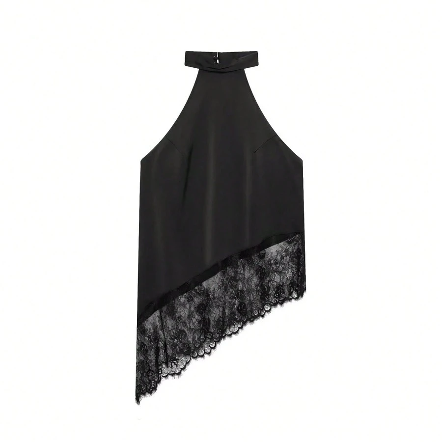 DEEKA Women's Lace Patchwork Halter Neck Casual Blouse, Fashionable & Versatile, Spring/Summer - Black 1 - View 1