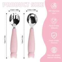 2 pezzi Set di posate in silicone e acciaio inossidabile 304 - Forchetta e cucchiaio a forma di cartone animato, facili da usare, regalo ideale per bambini, adatto per feste di bambini, compleanni o Natale - Multicolore - Visualizzare 3