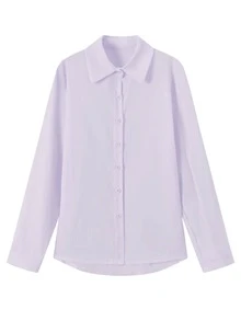 Women's Linen Long Sleeve Solid Color Button Collar Casual Elegant Comfortable Retro Style Blouse, Semi-Sheer Fabric, Suitable For Spring And Summer - Mauve Purple - View 2
