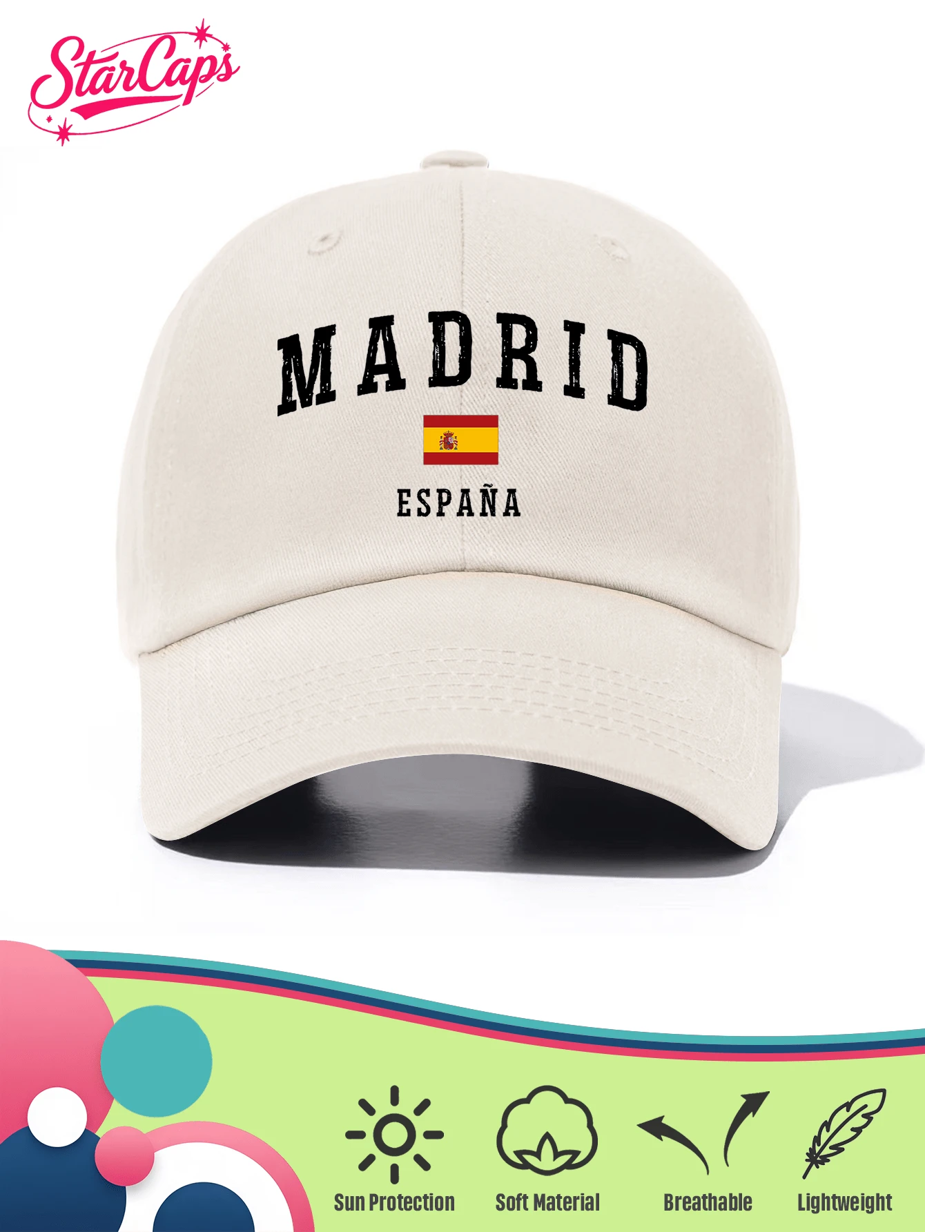 1顶男女通用经典棒球帽 - “MADRID”及西班牙国旗图案印花 - 多种颜色可选 - 光滑质感，可调节帽围，适合作为西班牙纪念品、旅行礼物、足球迷礼物、夏季、海滩、假日帽