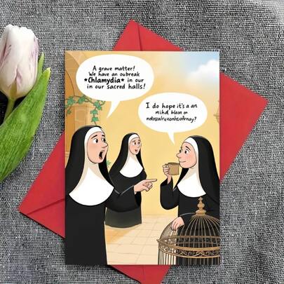 1 Cartoon Nun Funny Printed Greeting Card, Nun Dialogue On Hygiene Topics, Humorous Text Design Suitable For Holiday Wishes, Birthdays, Spoof Gift Scenes