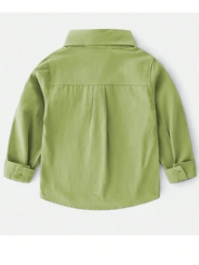 年轻男孩纯色前扣口袋休闲长袖衬衫，秋季 - 綠色 - 查看 2