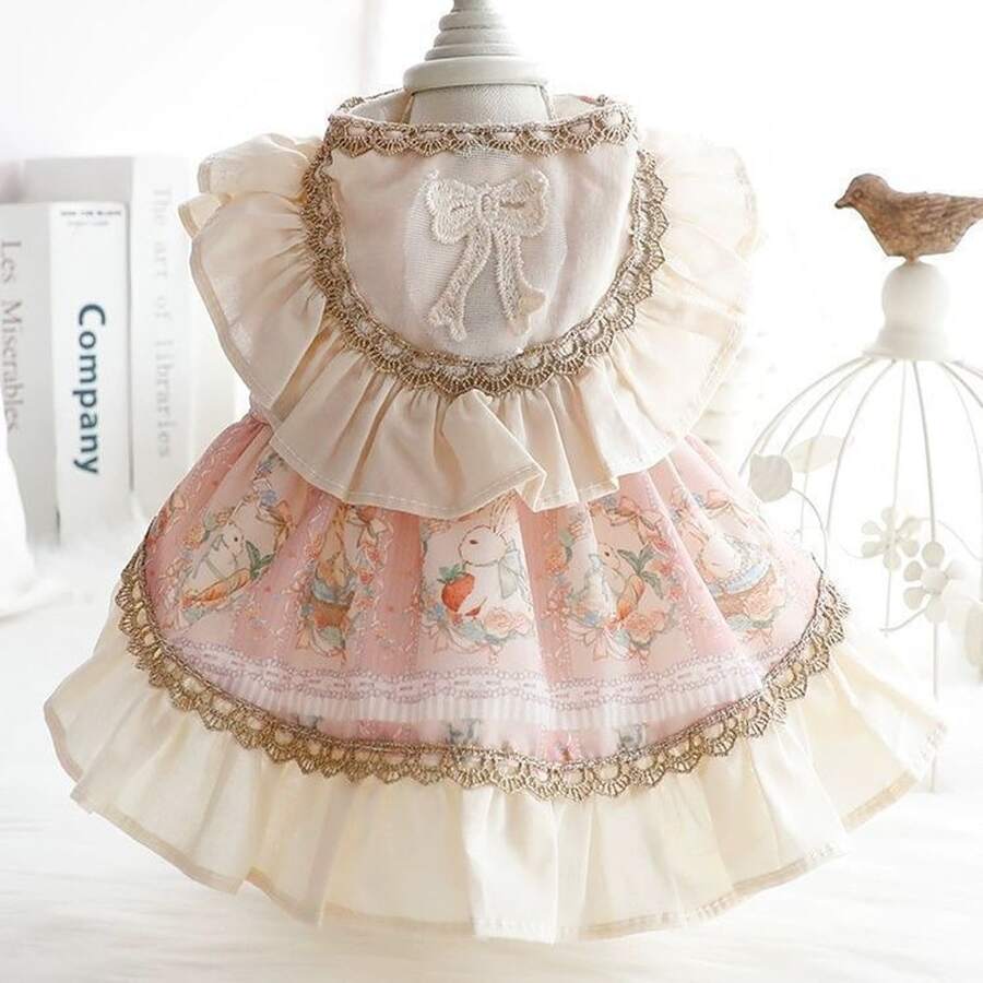1件复古情人节蝴蝶结装饰珍珠连衣裙,宠物服装,适合狗狗、猫咪、泰迪熊和贵宾犬。 - 杏色 - 查看 1