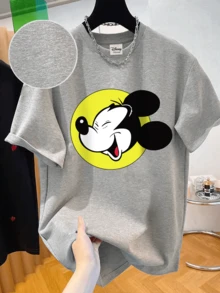 Disney 复古街头风T恤，印有米老鼠字母图案，采用优质面料制成，男士圆领短袖T恤。 - 灰色 - 查看 3
