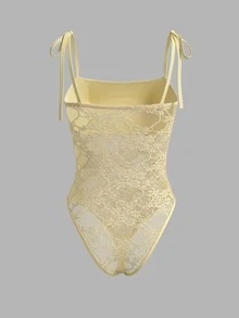 Women's Sexy Casual Yellow Lace Sheer Floral Romantic Sleeveless Tie-Front Bodysuit, Summer - Yellow - View 4