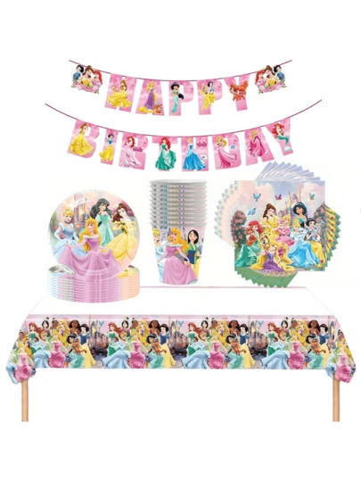 Disney Recommended Hot Selling One-Time Tableware Set, Princess Theme Party Supplies, Paper Cups, Napkins, Plates, Decorations For Graduation, Dance, Birthday Party