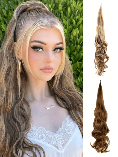32-Inch Brown Magic Wand Ponytail With Blonde Highlights, Flexible And Entwined Ponytail Extensions, Long Wavy Ponytail Extensions, Synthetic Wigs, Suitable For Ladies And Girls