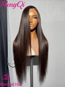 13x4 13*6 High Definition Transparent Lace Front Wig, Chocolate Brown Bone Straight, Mixed Human Hair, 5x5 Lace Closure, Glueless, Pre-Trimmed Baby Hair, 200% Density, Suitable For Wearing - Brown - View 2