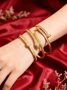 3/1pc - Retro And Elegant Copper And Stainless Steel Bracelet, With A Snake-Shaped, Starburst, And Double-Headed Hammer Design. It Has A Niche And Light Luxury Style And Is Suitable For Various Occasions Such As Commuting And Dating. - Gold - View 7