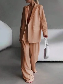 Elegant Business Casual Two-Piece Suit, Single Button Lapel Suit Jacket And Slim Fit Pants, Women's Clothing - Màu Hồng  Dưa hấu - Xem 3