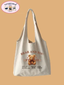 Casual Cartoon Print Canvas Tote Bag - Beige - View 6