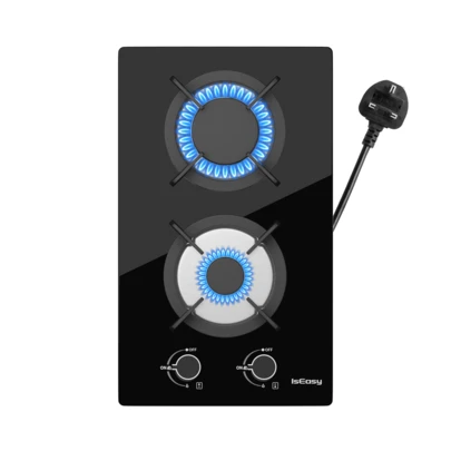 MAXPOWER Gas Hob 2 Burners - Glass Gas Hob Black Plug In NG/LPG Gas Hob, 44500W 2 Cooking Areas Built In Glass Cooktop Hob With Cast Iron Pan Support, Thermocouple Protection, Integrated Ignition