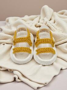 1 Pair Handmade Crochet Infant Sandals, Yellow Double Strap Design, White Sole, Infant Shoes - Yellow - View 3