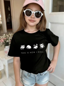 Young Girl Summer Casual Panda Slogan Printed Round Neck T-Shirt - Black - View 8