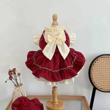 1pc Vintage Valentine's Day Bow Decor Ruffle Pearl Dress For Pets, Dog/Cat Clothes, Teddy/Poodle Dress - Red and White - View 12