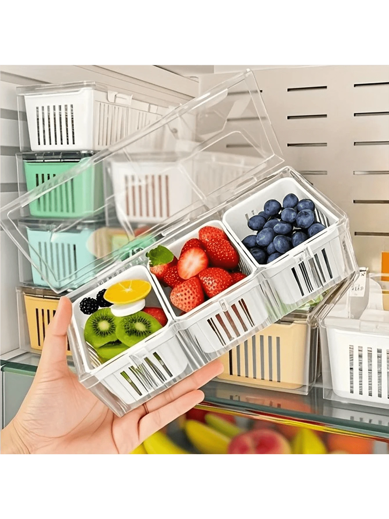 1 Set Food Storage Containers With Lids - 3 Reusable Square Transparent Colanders, Suitable For Refrigerator Salad Fruit Vegetable, Removable Divider