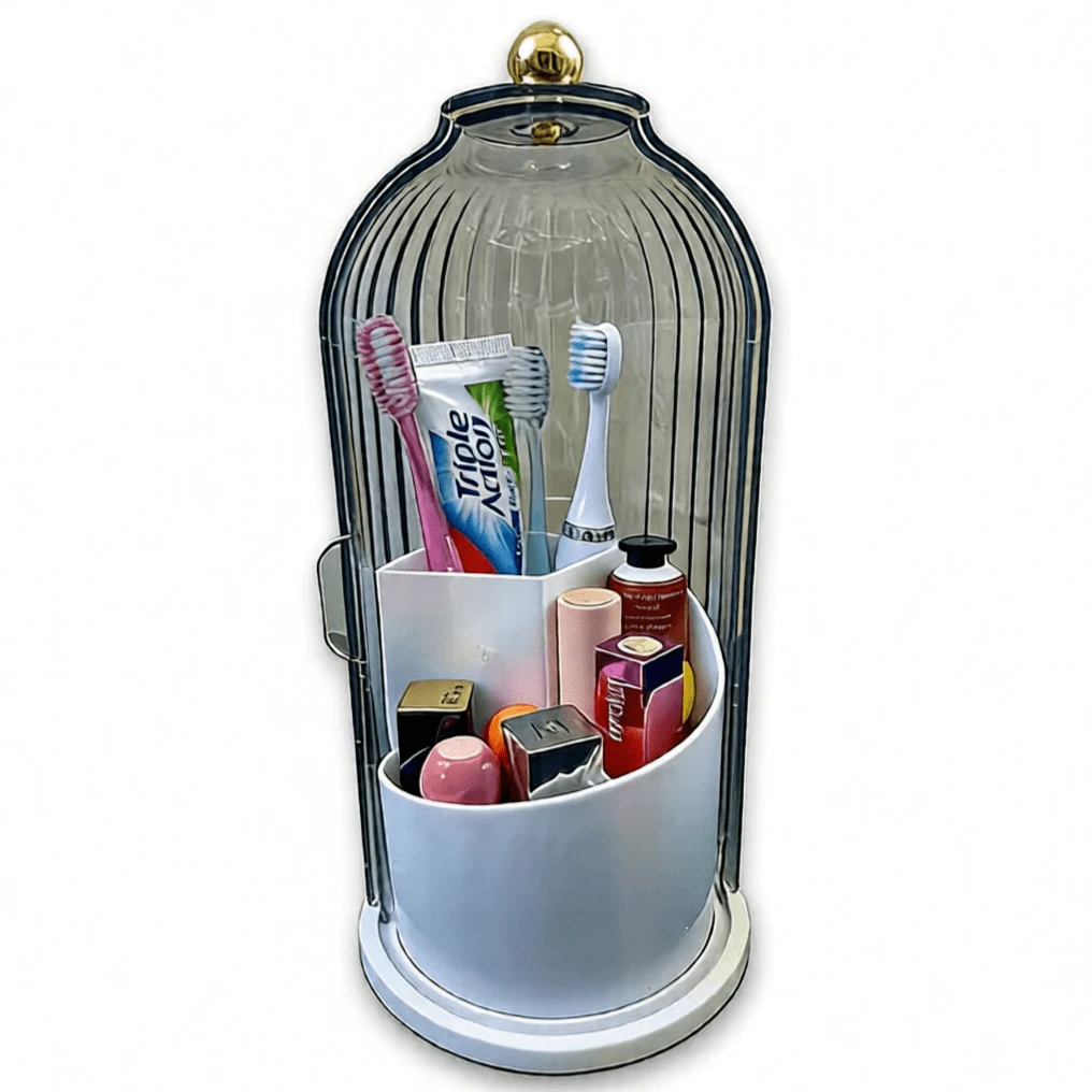 Toothbrush Holders With Sliding Lid For Bathroom Counter Organizer, Rotating 3 Slots Bathroom Organizer Countertop, Tooth Brush Toothpaste Holder For Bathroom Vanity Makeup Brushes Holder-White, Sliding Lid Toothbrush Organizer, Dustproof And Waterproof, Bathroom Decor, Gift Ideas - 灰色 - 查看 1