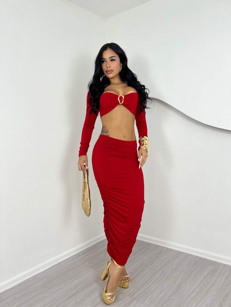 Women's Set With Long-Sleeved Cropped Top And Long Skirt – Elegant And Modern Fashion - 紅色 - 查看 1