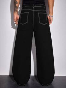 1Pc New American-Style Fashionable Firework Rhinestone Baggy Wide-Leg Black Jeans, Japanese Korean Fashion Firework Rhinestone Wide-Leg Jeans ( Not Include Belt And Accessories) - Black - View 2