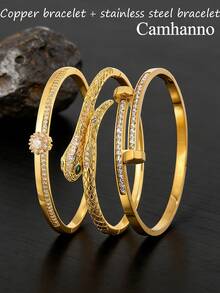 3/1pc - Retro And Elegant Copper And Stainless Steel Bracelet, With A Snake-Shaped, Starburst, And Double-Headed Hammer Design. It Has A Niche And Light Luxury Style And Is Suitable For Various Occasions Such As Commuting And Dating. - Gold - View 11