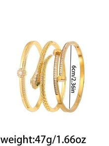 3/1pc - Retro And Elegant Copper And Stainless Steel Bracelet, With A Snake-Shaped, Starburst, And Double-Headed Hammer Design. It Has A Niche And Light Luxury Style And Is Suitable For Various Occasions Such As Commuting And Dating. - Gold - View 2