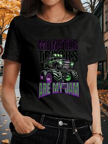 Bold Monster Truck Roaring Through Electrifying Neon Lights With Power Message Are My Jam Showcasing Fearless Spirit Women's Tshirt 100% Cotton - màu đen - Xem 1