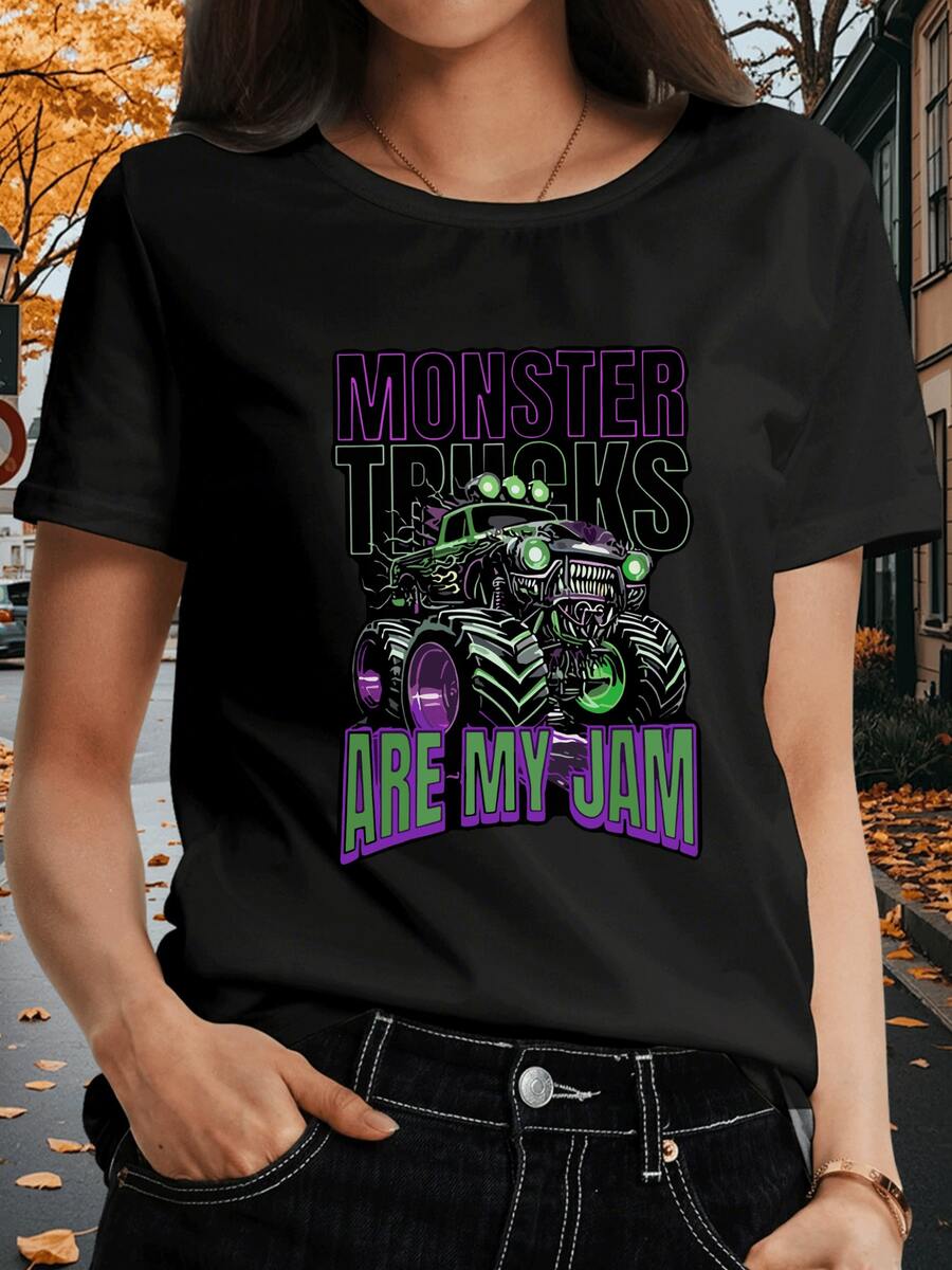 Bold Monster Truck Roaring Through Electrifying Neon Lights With Power Message Are My Jam Showcasing Fearless Spirit Women's Tshirt 100% Cotton - màu đen - Xem 1