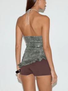 Sequin Tank Tops For Women Sparkly Tops Sleeveless Halter Tank Concert Outfits Ruffle Asymetrical Hem Party Club Cocktail Vest Disco Clothes - Tro - Xem 2
