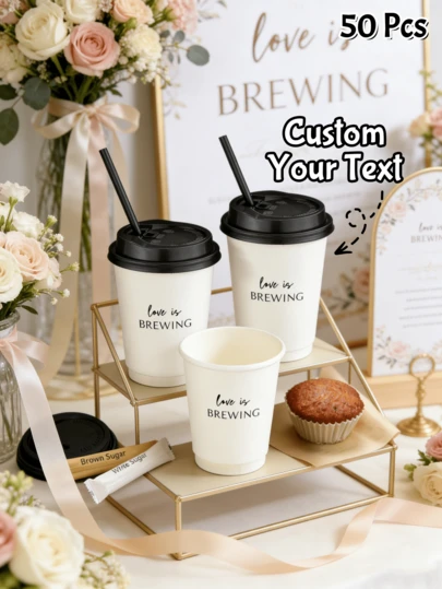 50Pcs Custom Text Disposable Wedding Coffee Cups – Bridal Shower Party Paper Drink Cups With Lids & Straws, Cute Engagement Reception Tableware Decor, Wedding Favors For Bride Tribe, Bachelorette & Party Supplies