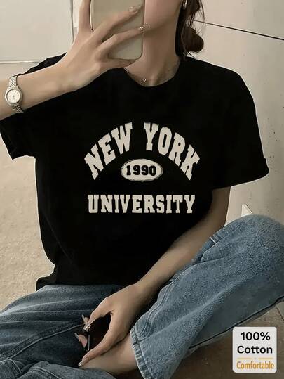 趣味字母印花图案短袖中长款T恤，时尚休闲女式上衣，黑色夏季款