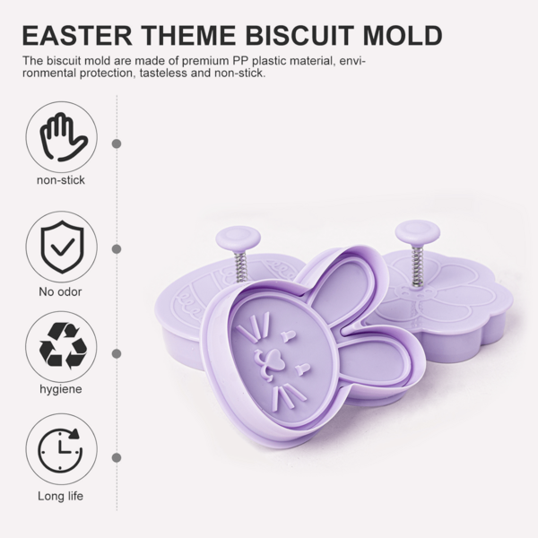 Set de 3 cortadores de galletas de Pascua, moldes de galletas en relieve 3D con patrones de conejo, huevo y flor, cortadores de galletas de plástico antiadherente para dulces blandos, galletas, pasteles, pan y hornear de Pascua