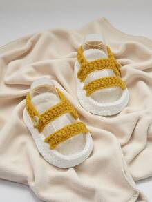 1 Pair Handmade Crochet Infant Sandals, Yellow Double Strap Design, White Sole, Infant Shoes - Yellow - View 4