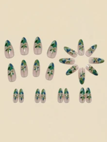 24pcs 3D Plant Relief Pattern Nail Stickers, Y2K Style Almond Green Nail Art Supplies - Green - View 2