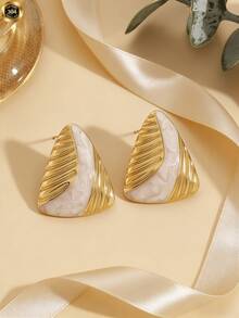 2 paires de boucles d'oreilles triangle blanc et noir, nouvelle arrivée 2026, matériau en acier inoxydable de style vintage français à la mode, boucles d'oreilles hypoallergéniques, style de conception linéaire de luxe haut de gamme personnalisé, convient pour la Saint-Valentin, la Fête des Mères, les accessoires de décoration d'anniversaire, le style bohème des vacances à la plage, le carnaval, bijoux en acier inoxydable - Multicolore - Voir 4