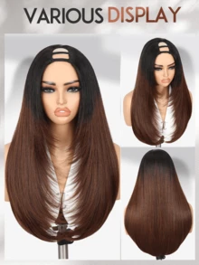 24-Inch Layered U-Part Wig With Highlighted Brown Straight Hair, V-Part Lightweight Synthetic Fiber Wig, Glueless Upgrade U-Part Wig, No Residue V-Part Clip-In Half Wig - Brown Ombre - View 4