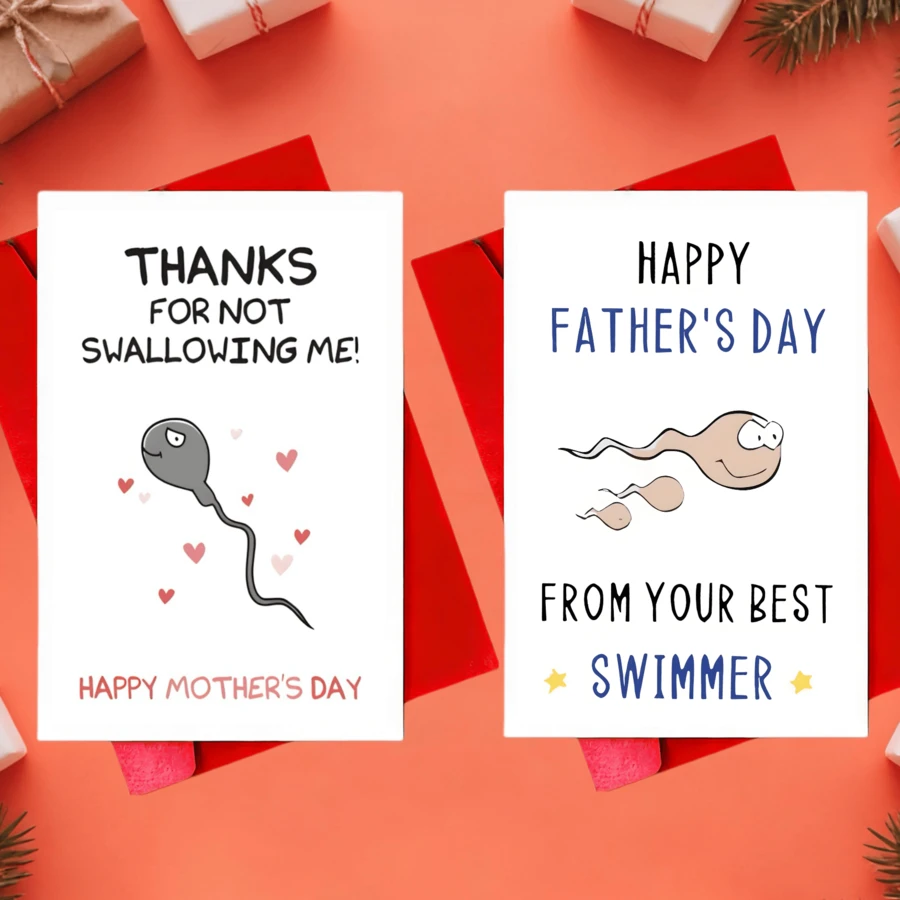 Humorous Father's Day Mother's Day Greeting Card Cartoon Design, 'From Your Best Swimmer' 'Thanks For Not Swallowing Me' Personalized Message For Dad, Animal & Abstract Theme, English Language Suitable For All Occasions April Fool's Day Father's Day, Mother's Day Card Thanksgiving Day ﻿ - A - View 1