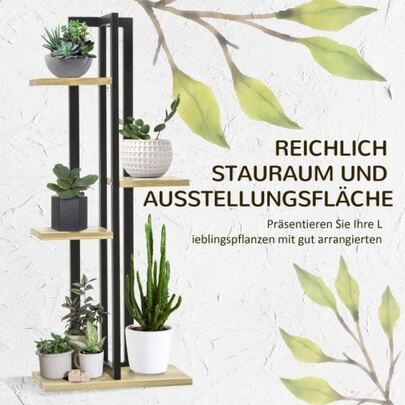 Four-Tier Plant Shelf, Adjustable Height Up To 110 Cm, Ideal For Indoor And Outdoor Use, Made Of Wood, Black And Natural Wood Color.