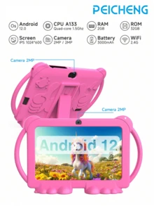 Máy tính bảng trẻ em PEICHENG Q8K 7 inch, Android 12/SC7731E lõi tứ 1.3GHz/RAM 2GB, bộ nhớ trong 32GB/WiFi 2.4G/Bluetooth/Màn hình IPS 1024x600/Dịch vụ GMS/Kiểm soát của phụ huynh/Pin 3000mAh/Camera 2MP+2MP, kèm ốp bảo vệ chống sốc, dành cho giáo dục và chơi game (Không bao gồm bộ sạc) - Hồng - Xem 1