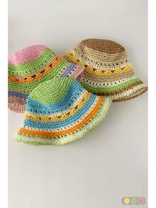 手工拉菲草钩编帽，帽檐可弯曲，彩色彩虹条纹遮阳帽，女士户外渔夫帽，草编条纹渔夫帽，遮挡面部，新款时尚小号头围，红色条纹，手工钩编彩虹草帽 - 彩虹條紋 - 查看 3